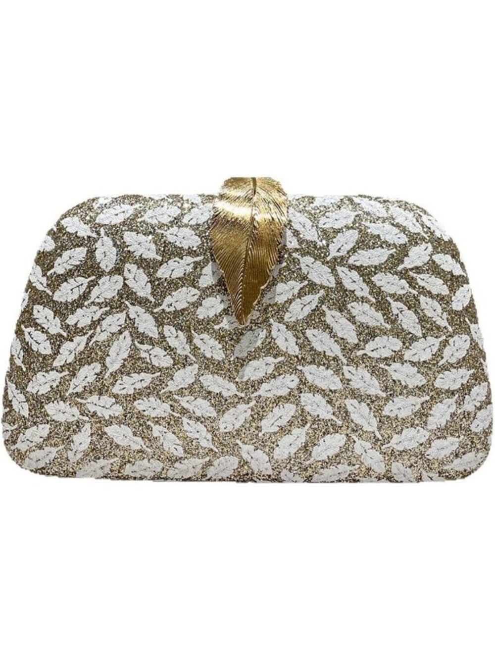 Women's Gold White Elegant Clutch Purse Metallic Leaves Clasp Banquet Evening Ba